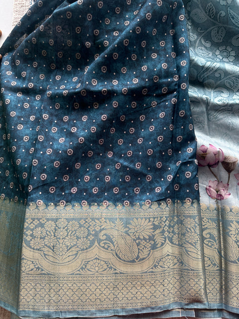 Pichwai Printed semi raw silk saree