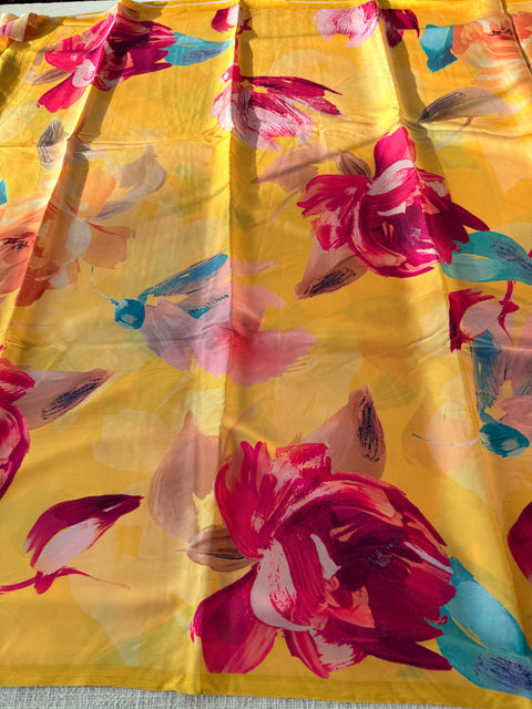 Vintage floral printed satin saree