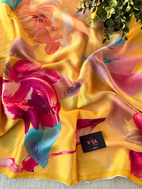 Vintage floral printed satin saree