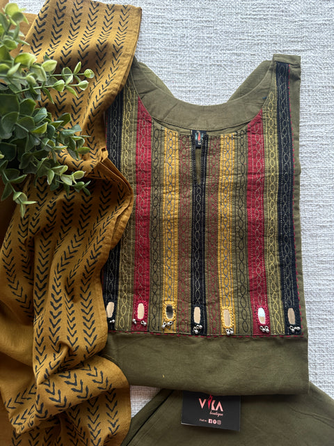 Colourful patch neck pure cotton suit set