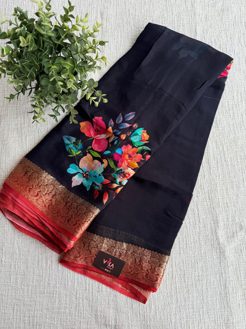 Zari border Floral printed pure chinnon saree