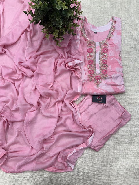 Neck emb muslin ready suit set - Pink