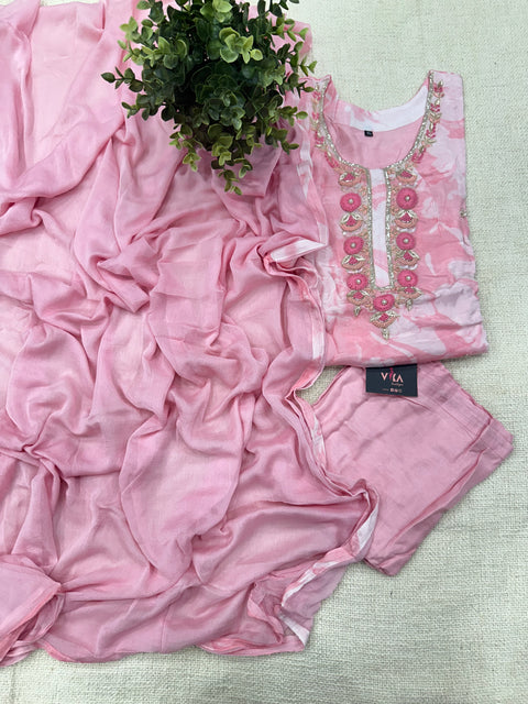 Neck emb muslin ready suit set - Pink