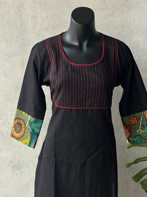 Designer Black kurti with kalamkari sleeve