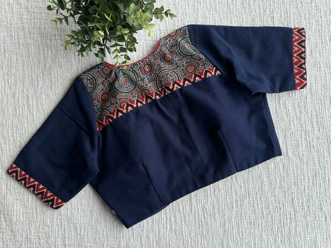 Navy blue Ajrakh patch work blouse