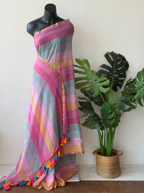 Multi-striped mul cotton saree