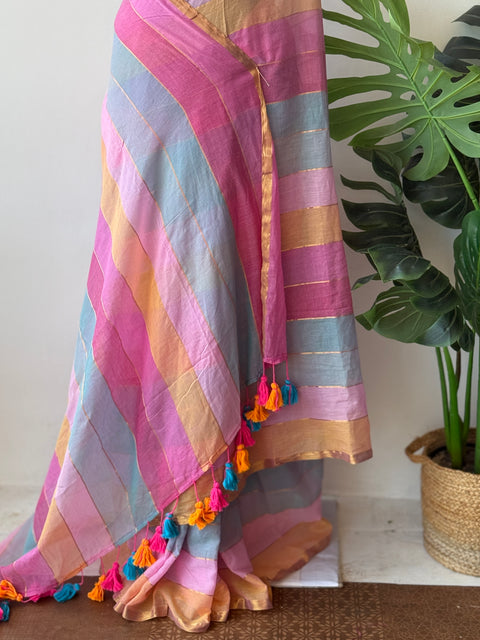 Multi-striped mul cotton saree