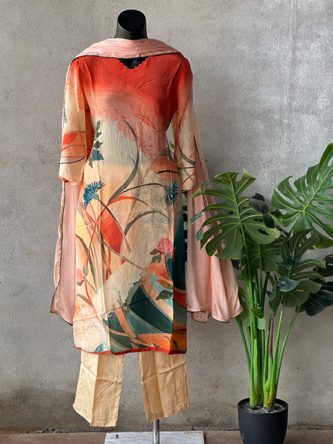 Digital printed satin crepe Ready suit set