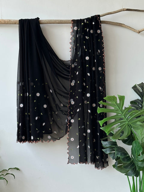 Black floral emb georgette saree