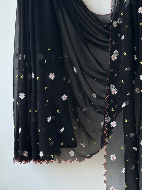 Black floral emb georgette saree