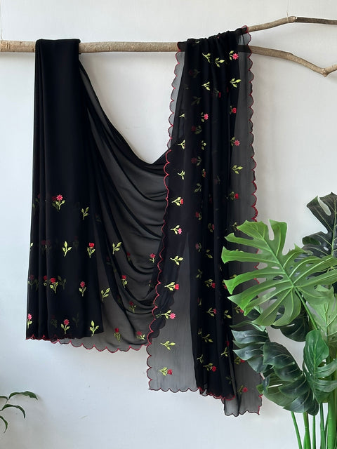 Black Floral emb georgette saree