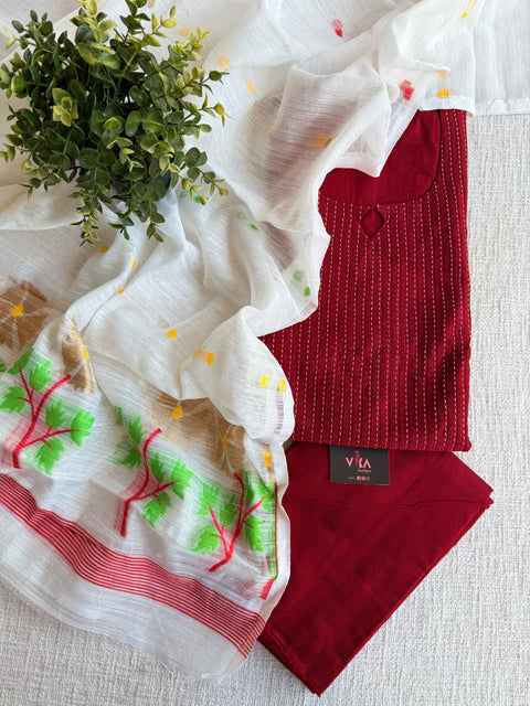 Silk cotton suit set with jamdani dupatta