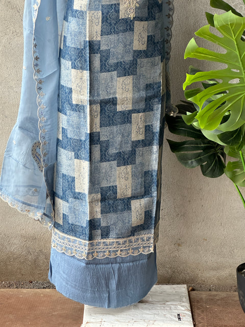 Neck work printed cotton linen salwar material