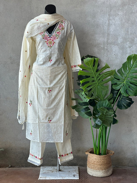 Neck emb dobby cotton kurti pant set