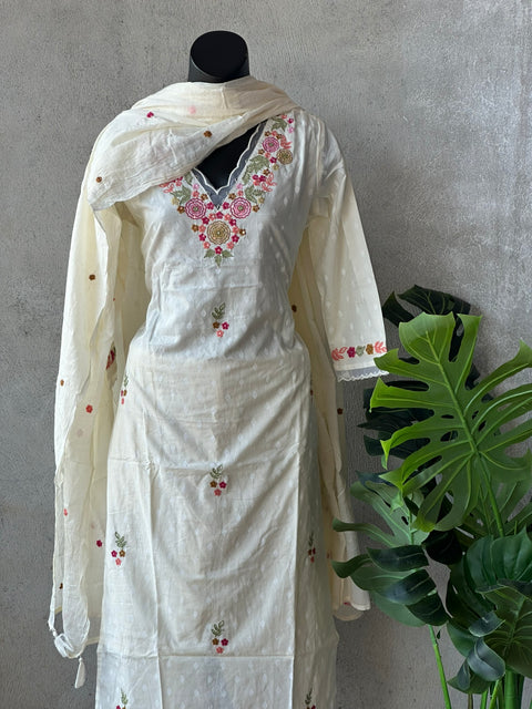 Neck emb dobby cotton kurti pant set