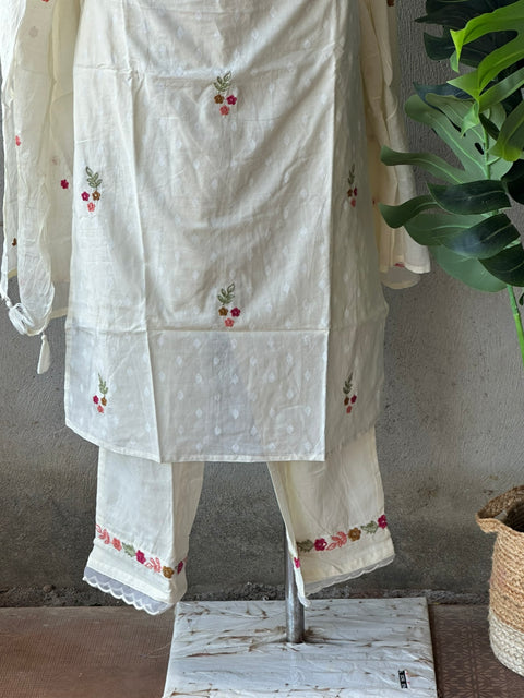 Neck emb dobby cotton kurti pant set