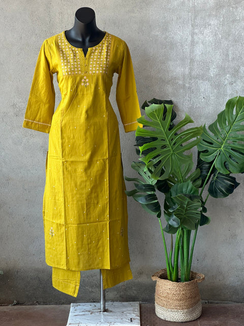 Musturd Neck embroidery plain cotton set