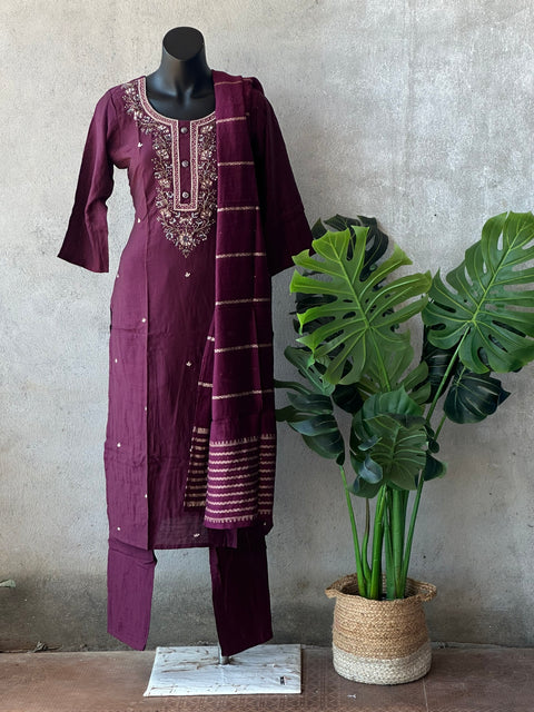 Neck embroidery work muslin suit set