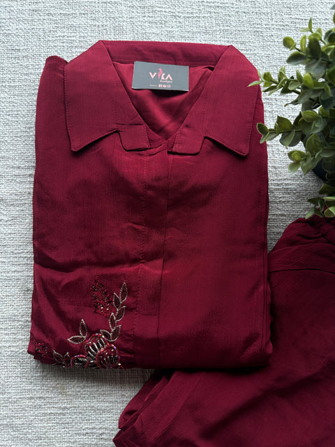 Maroon chinnon embroidery co-ords