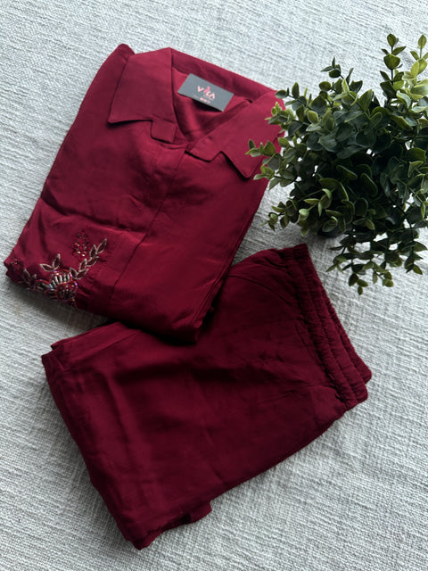 Maroon chinnon embroidery co-ords