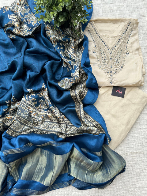 Beige/Royal blue muslin suit material
