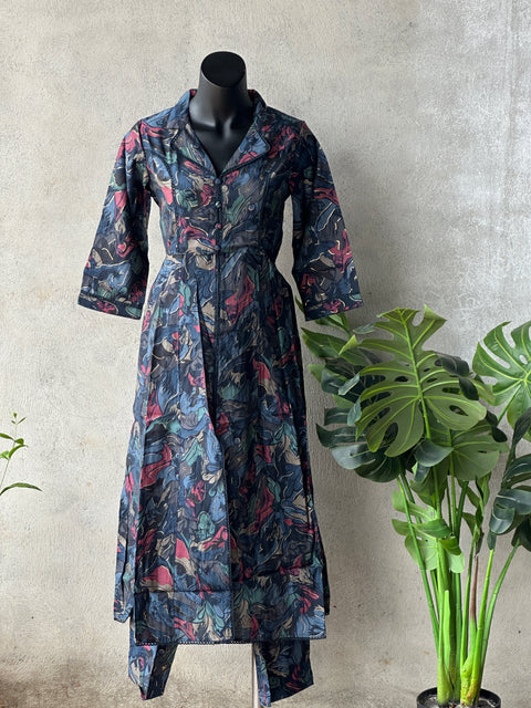 Collar neck printed modal silk co-ords