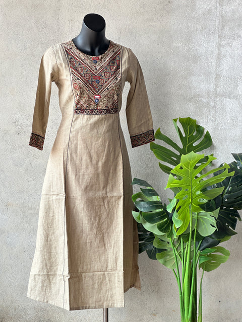 Beige kalamkari printed handloom cotton Kurti