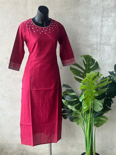 Dark pink mirror emb cotton Kurti