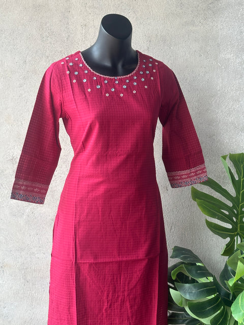 Dark pink mirror emb cotton Kurti