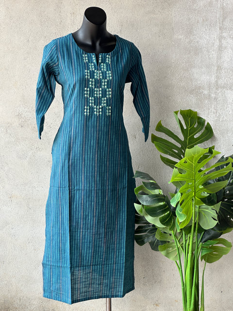 Blue striped hand emb work cotton kurti