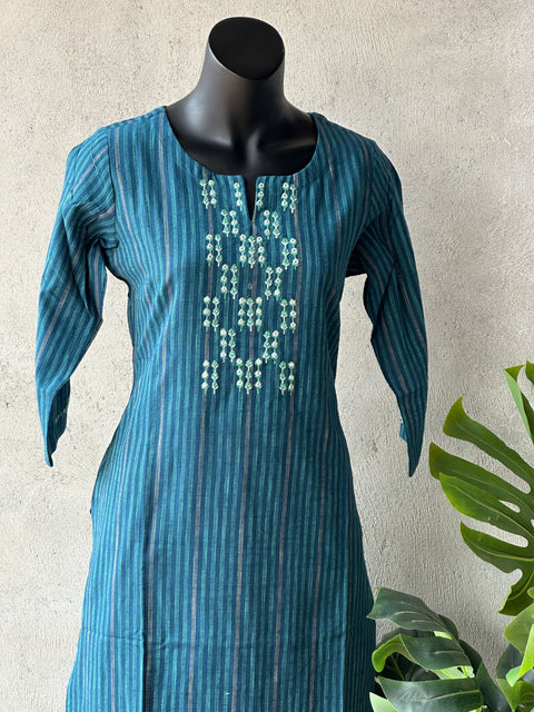 Blue striped hand emb work cotton kurti