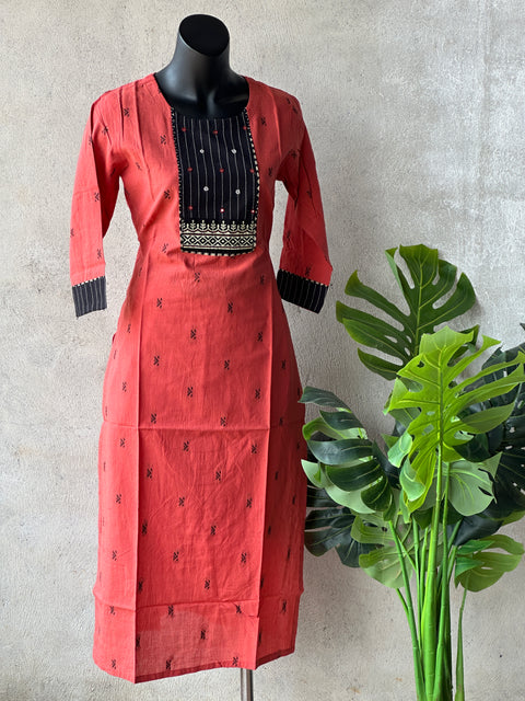 Burnt orange neck work cotton kurti