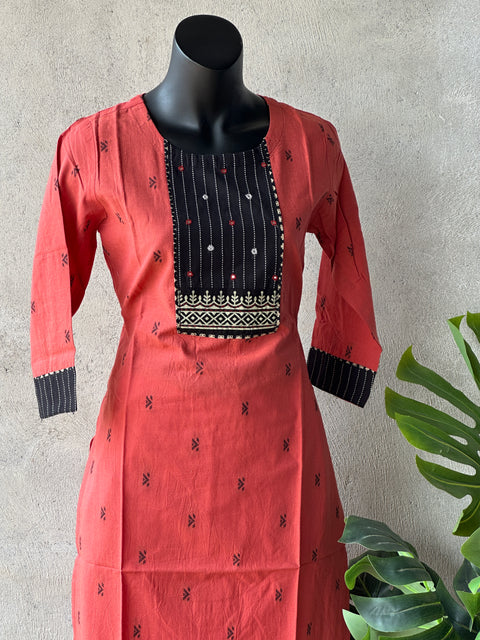 Burnt orange neck work cotton kurti