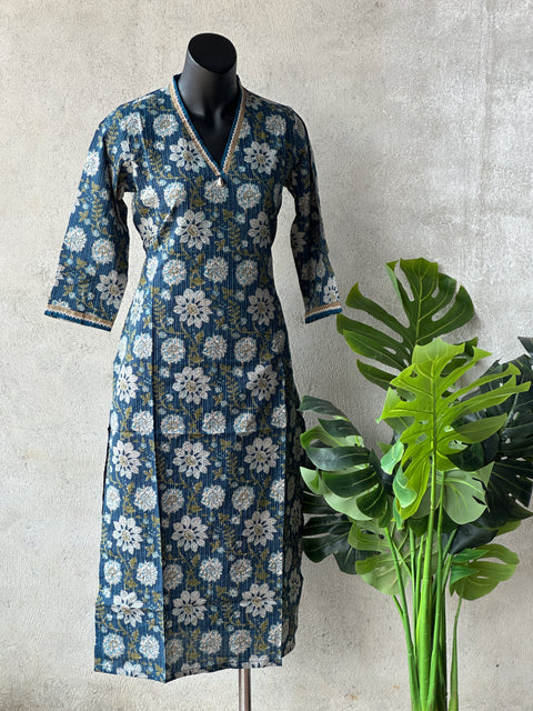 V neck kantha work cotton kurti