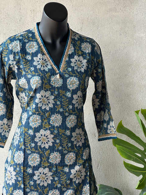 V neck kantha work cotton kurti