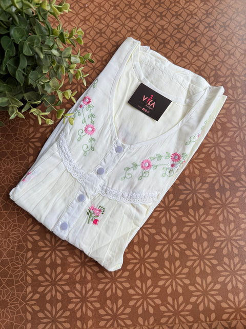 V neck floral emb cotton nighty - Yellow