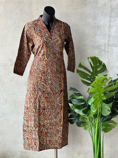 V neck kalamkari printed cotton kurti