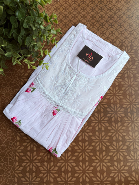 Yoke pattern emb pure cotton nighty - Pink
