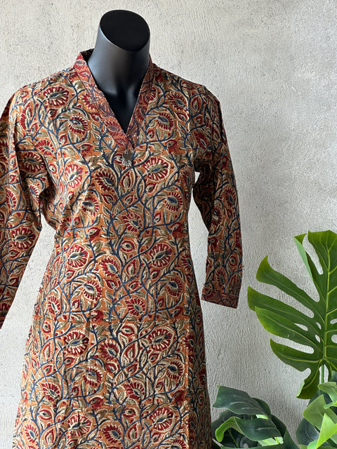 V neck kalamkari printed cotton kurti