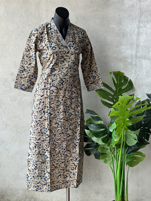 V neck kalamkari printed cotton kurti