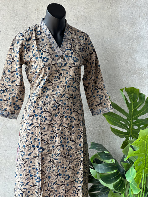 V neck kalamkari printed cotton kurti