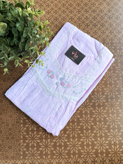 Pastel emb pure cotton nighty - Pink