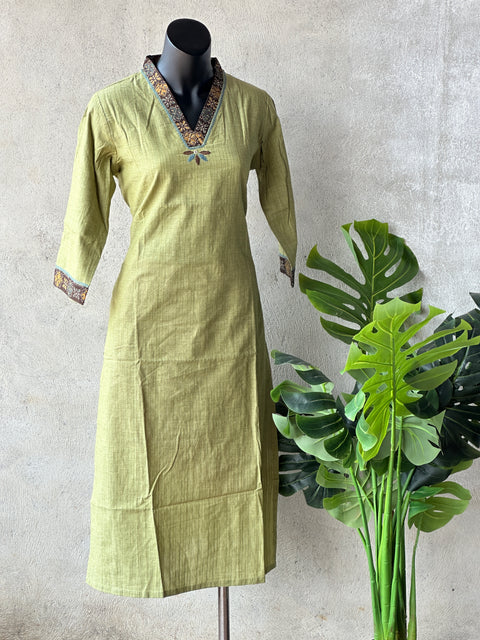 V neck light green pure cotton kurti