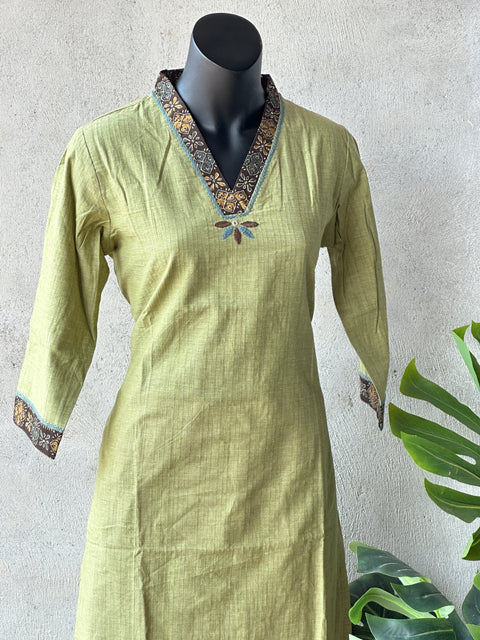 V neck light green pure cotton kurti