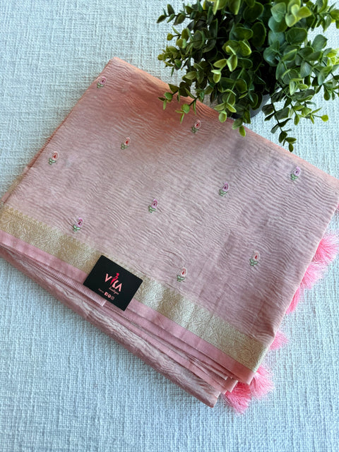 Silver zari weaving tissue saree - Lt Pink