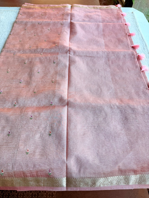 Silver zari weaving tissue saree - Lt Pink