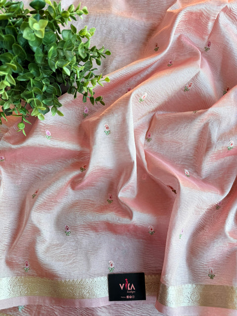 Silver zari weaving tissue saree - Lt Pink