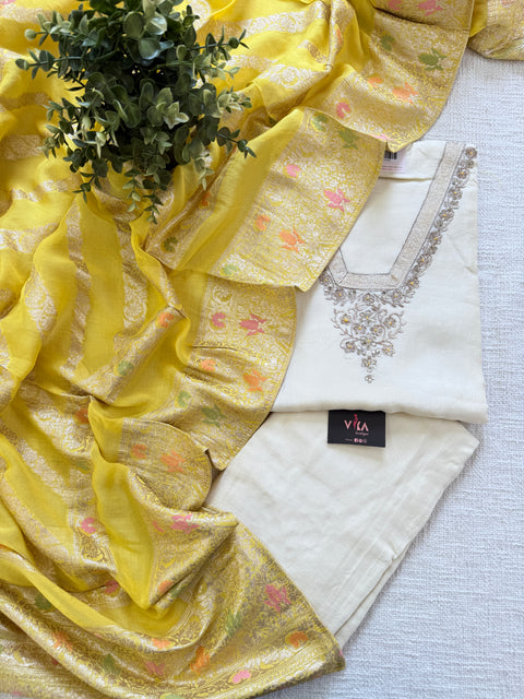Offwhite/yellow semi stitched salwar material