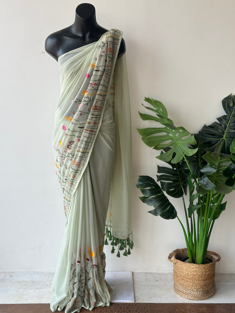 Pista green garden emb georgette saree