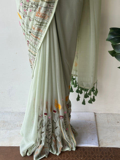 Pista green garden emb georgette saree